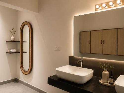 a bathroom with a sink and a mirror at DZION Resort Coorg in Gonikoppal