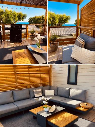 a collage of four pictures of a living room at Tolles Mobilheime in super Strandnähe in Saint-Raphaël