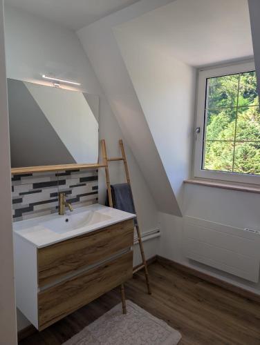 a bathroom with a sink and a window at Gîte du Domaine du Moulin de la Roque in Castels