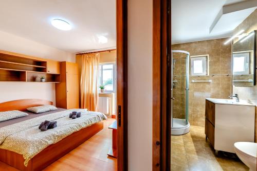 a bedroom with a bed and a shower and a sink at Walter Waves Private Apartment with Balcony and Self Check-In in Costinesti