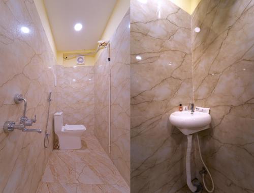 two pictures of a bathroom with a sink and a toilet at I&S Residency in Rāmanāthapuram