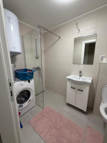 a bathroom with a washing machine and a sink at T&M Apartman Premium 2 in Paraćin