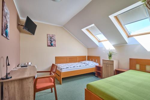 a bedroom with a bed and a desk and a tv at Penzion Aida Ostrava in Ostrava