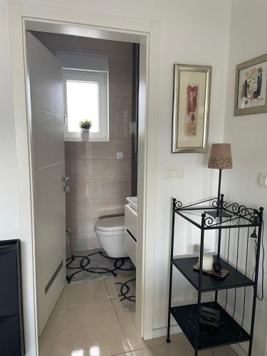 a bathroom with a toilet and a window at Apartma LAVANDA 3 Šilo in Šilo