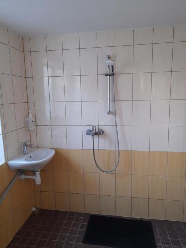 a bathroom with a shower and a sink at Männi hoovimaja in Pärnu