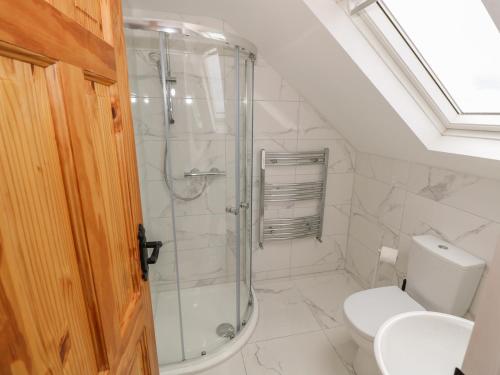 a bathroom with a shower and a toilet at Islands Inn in Louisburgh