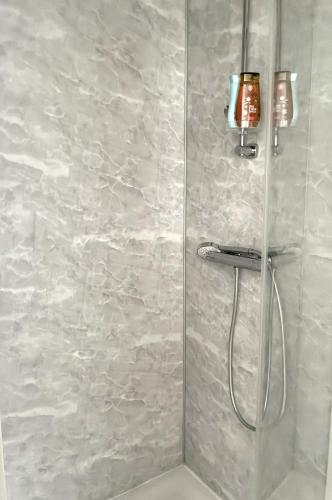 a shower with a glass door in a bathroom at Relais Fléchois in La Flèche