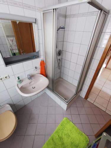 a bathroom with a shower and a sink at Ferienwohnung Münsingen zentrum in Münsingen