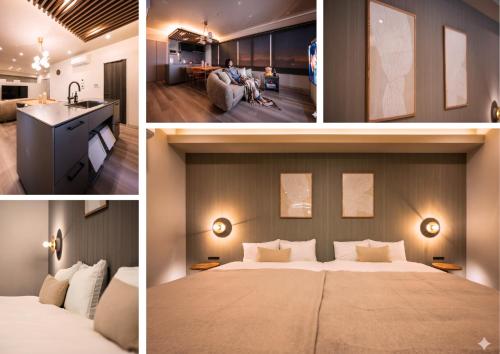 a collage of pictures of a hotel room with a bed at GIVE Meidaimae in Tokyo