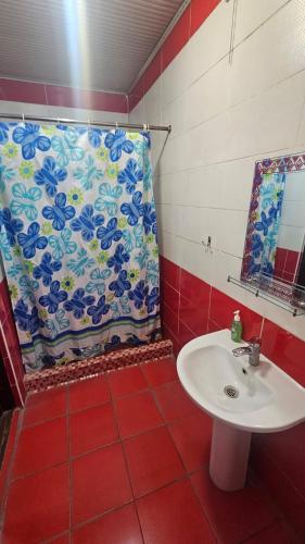 a bathroom with a sink and a shower curtain at Гостиница Саян in Shymkent