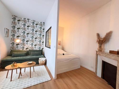 a living room with a green couch and a fireplace at Le Tinqueux Chic-Studio rénové proche centre reims in Reims