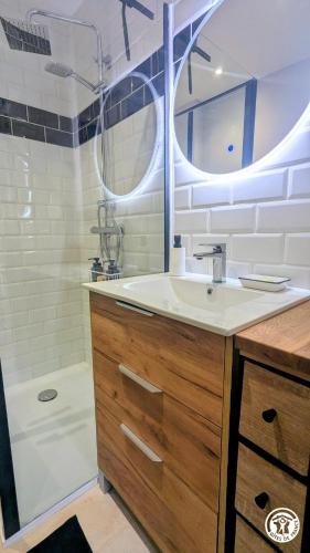 a bathroom with a sink and a shower and a mirror at Le Tandem in Losne