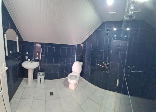 a blue tiled bathroom with a toilet and a sink at Old House Ureki in Ureki