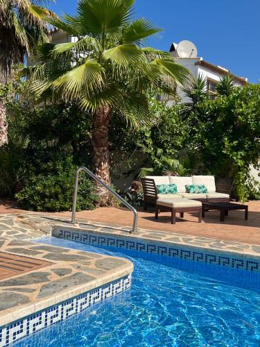 a palm tree next to a swimming pool with a couch at La Finca Blanca in Alora