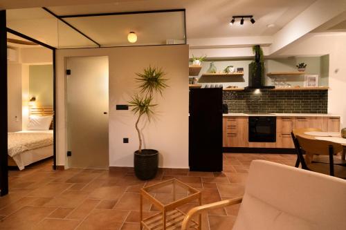 a kitchen and a living room with a table at Cotto Apartment in Agios Nikolaos