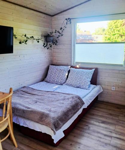 a bedroom with a bed in a room with a window at Mały Domek in Pollnow