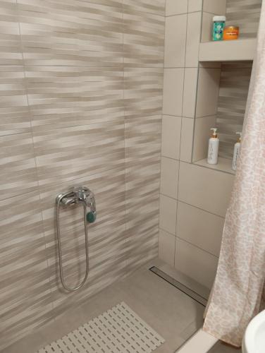 a shower with a shower curtain in a bathroom at Anatoli's house in Kastoria