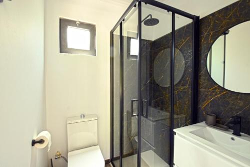 a bathroom with a shower and a toilet and a sink at THE SPOT GLAMPING STUDIOS PROTARAs in Paralimni
