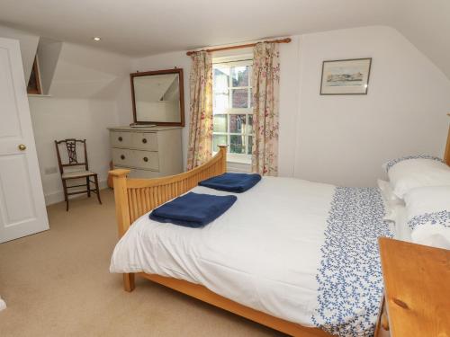 a bedroom with a bed with blue pillows on it at 5 Castle Street in Newport
