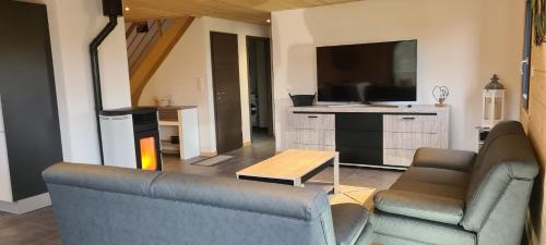 a living room with a couch and a flat screen tv at Chalet avec jacuzzi privé, 3 chambres in Traubach-le-Haut