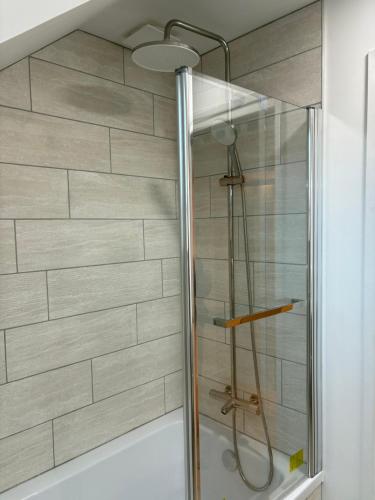 a shower in a bathroom with a glass shower stall at Sur les toits de Beaugency in Beaugency