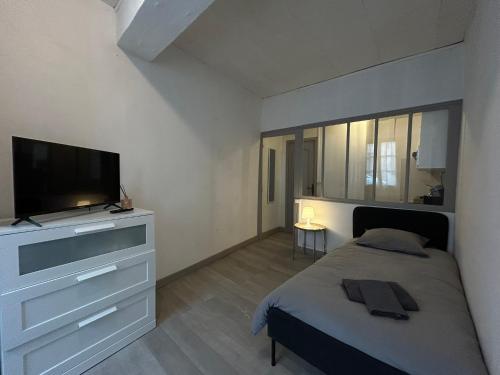 a bedroom with a bed and a flat screen tv at Studios Citadelle in Parthenay