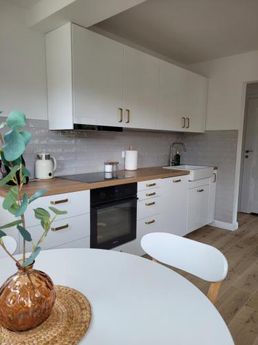 a kitchen with white cabinets and a vase with a plant at Start na Szlak - dom Rytro in Rytro