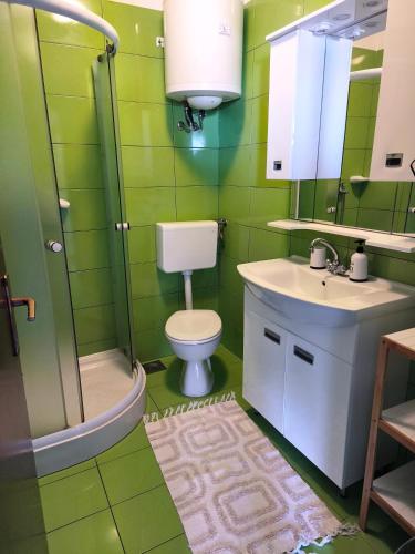 a green bathroom with a toilet and a sink at Studio Stela 3 in Povljana