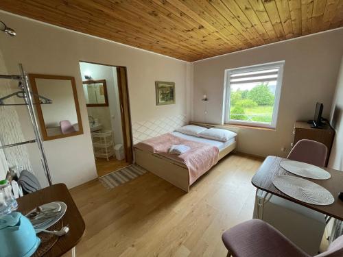 ein Schlafzimmer mit einem Bett und einem Fenster in der Unterkunft Dom Wakacyjny Karol in Łeba