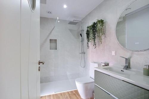 a bathroom with a toilet and a sink and a mirror at Palheiro 81 in Costa Nova