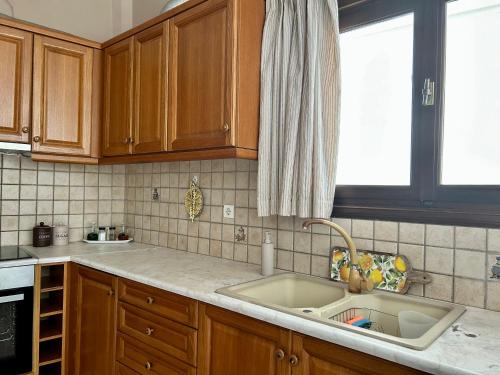 a kitchen with a sink and a window at Lemon & Light Bright Apartment with View and Fireplace in Meligalás