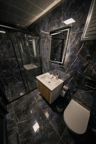 a bathroom with a sink and a shower and a toilet at Vadi Ahşap Doğa Evleri in Ardeşen