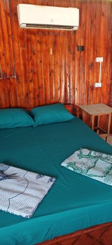 a bedroom with a green bed with a wooden wall at Viva La Vida Beach Camp in Nuweiba