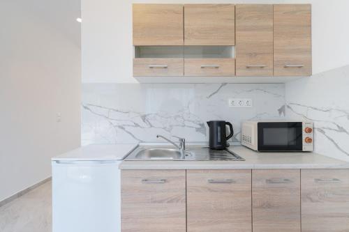 a kitchen with a sink and a microwave at Studios Tasos Bi 2 in Chrysi Ammoudia