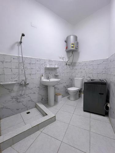 a bathroom with a sink and a toilet and a shower at Nile & Museum Hideaway Haraka in Cairo