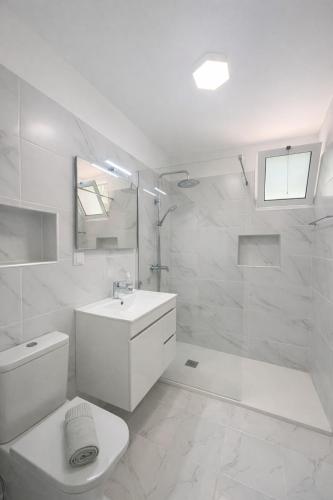 a white bathroom with a toilet and a sink at Maresia's House, Madalena do Mar in Madalena do Mar