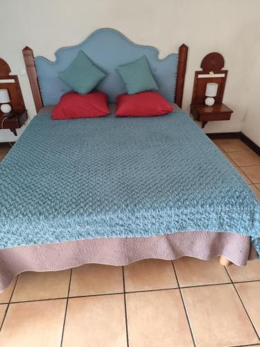 a blue bed with two red pillows on it at Studio Hibiscus in Sainte-Anne