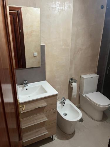 a bathroom with a sink and a toilet and a mirror at Brisa de la Laguna in Chipiona