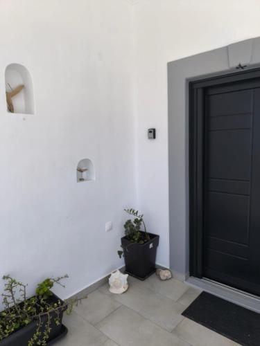a black garage door with a potted plant next to it at Vromolithos View House in Vromolithos
