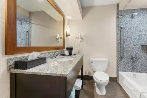 a bathroom with a toilet and a sink and a mirror at Comfort Inn Lehigh Valley West in Fogelsville