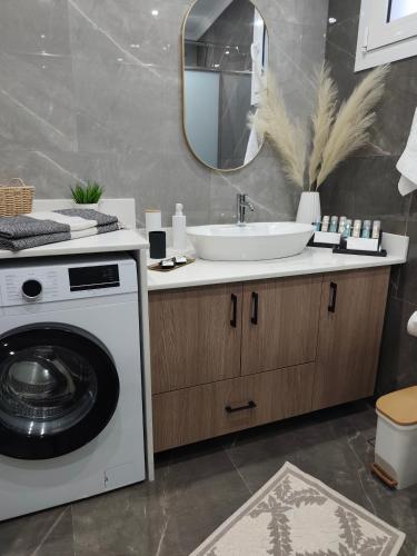 a bathroom with a washing machine and a sink at Argiros Apartments in Kefalos