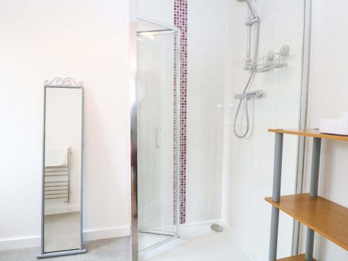 a shower with a glass door in a bathroom at The Mill House Gardens in Lowestoft