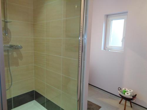 a shower with a glass door in a bathroom at Au Puy Saint Jacques in Le Puy en Velay