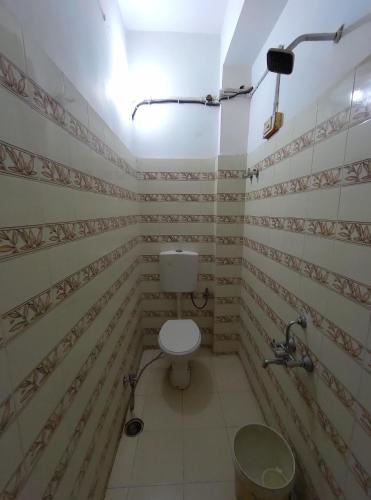 a small bathroom with a toilet and a shower at Hotel Geetanjali in Lucknow