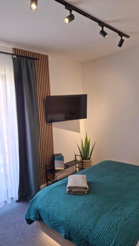 a bedroom with a green bed and a flat screen tv at LEMAR APART Tatry F205 in Veľká Lomnica