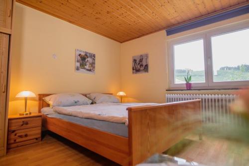 a bedroom with a bed and two windows at Doppelzimmer mit Dusche und Wc in Lennestadt