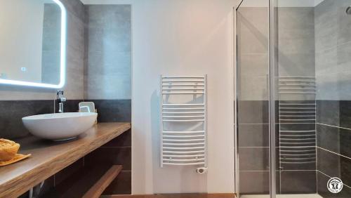 a bathroom with a sink and a glass shower at Le Tarare in Guipy