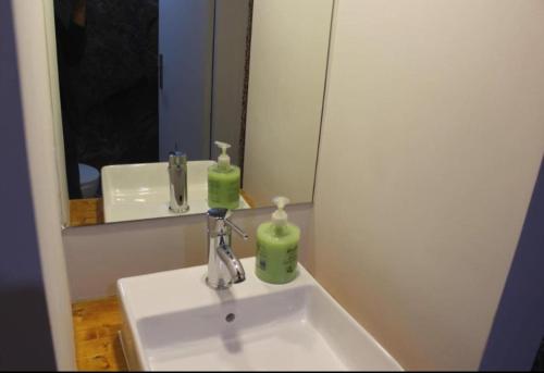 a bathroom sink with two green soap bottles on it at Villa Régio Studio in Vila do Conde