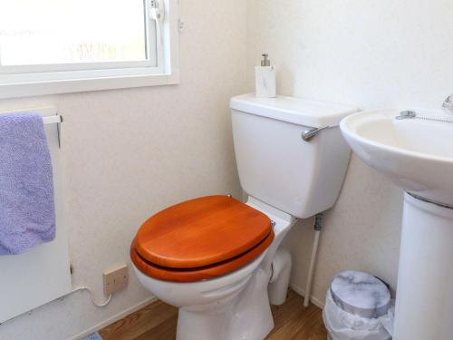 a bathroom with a toilet with a wooden toilet seat at The Lodge Caravan Rental in Amlwch