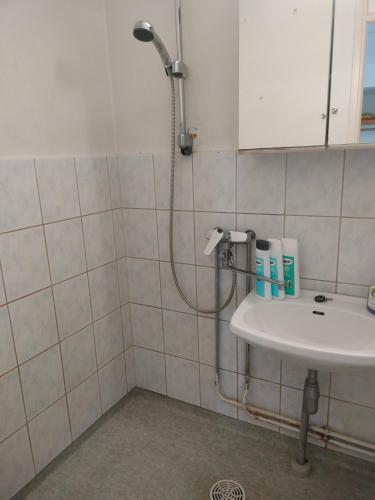 a bathroom with a shower and a sink at apartment in great location in Helsinki
